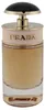 Runder Flakon des Damendufts Prada Candy L’Eau mit goldenem Schriftzug, roségoldenem Ring und schwarzer Kuppelkappe, eleganter und femininer Look. Produktbild-Vorschau