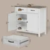 A white buffet cabinet with a brown wooden top, shown with dimensions and weight capacity indicated by text overlays. A drawer is shown separately below. Náhľad obrázku produktu