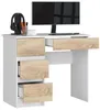 A white and light brown desk with a computer monitor, keyboard, headphones, and pens on it. Produktbild-Vorschau