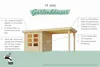 A diagram of a wooden garden house with callouts highlighting its features. Produktbild-Vorschau