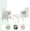 A set of white plastic garden furniture, including two chairs and a table, with close-up views of details. Produktbild-Vorschau