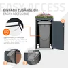 A diagram illustrating the features of a trash bin enclosure, including an anti-tip chain and how the lid opens. Produktbild-Vorschau