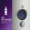 A close-up marketing image of a baby monitor camera with text overlays describing its features. Produktbild-Vorschau