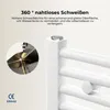 Close-up of a white towel radiator with text highlighting its seamless welding feature. Podgląd zdjęcia produktu
