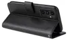 A black flip phone case is shown from the side, with the phone inserted and its camera array visible. Produktbild-Vorschau