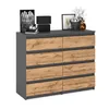 A modern gray dresser with eight wood-grain drawers, displayed on a white background with decorative items on top. Produktbild-Vorschau