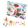 An advent calendar with a winter scene, featuring characters and a Christmas tree. Several small toy figures are laid out in front of the calendar. Produktbild-Vorschau