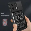 A hand holding a black smartphone case with a ring holder and camera cover. Produktbild-Vorschau