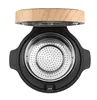 Top-down view of an open kitchen appliance with a wooden lid. Voir les images du produit