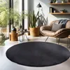 A round, dark gray rug is placed on a light-colored floor in a living room setting, with furniture and plants around it.