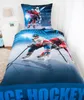 A bedding set with an ice hockey theme is displayed on a bed. Náhled obrázku produktu