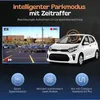 A white car with a dashcam recording displayed on a screen, with icons and text describing features. Produktbild-Vorschau