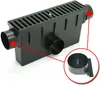 A black drainage channel with a grate top and two side outlets, one of which is enlarged in a circle for detail. Produktbild-Vorschau