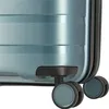 A close-up view of the bottom corner of a light blue suitcase, showing its wheels and textured surface. Produktbild-Vorschau