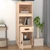 A tall, narrow wooden cabinet with shelves, a drawer, and a door, standing against a white wall with a grey curtain in the background. Produktbild-Vorschau