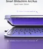A close-up view of a tablet case with a keyboard, showing the screen opening and closing mechanism. Produktbild-Vorschau