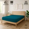 A teal fitted sheet is shown on a wooden bed frame in a bedroom setting. Produktbild-Vorschau