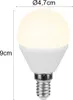 A white LED light bulb with dimensions indicated by text overlays. Produktbild-Vorschau