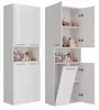 Two views of a white, glossy bathroom cabinet with doors and shelves. Produktbild-Vorschau