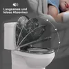 A toilet seat with a marble pattern is shown in multiple open positions, with a sleeping child in the background. Produktbild-Vorschau