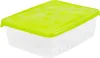 A clear, professional studio shot of a rectangular plastic food storage container with a bright green lid. Náhled obrázku produktu
