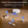 A white robot vacuum cleaner is shown on a wooden floor, navigating around slippers and a ball. Blue cones indicate detected obstacles. Produktbild-Vorschau