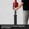 A person holding a hedge trimmer with a protective cover on the blades, leaning against a textured wall. Produktbild-Vorschau