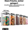 A row of six clear food storage containers filled with different food items, with dimensions and quantity information displayed. Anteprima dell’immagine prodotto