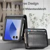 A black flip phone case with card slots is shown next to a folded phone in a similar case. Produktbild-Vorschau