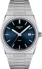 A close-up studio shot of a Tissot PRX watch with a blue dial and a stainless steel bracelet. Voir les images du produit