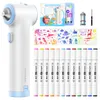 A collage of an airbrush marker set for kids, showing the airbrush device, markers, and stencils. Voir les images du produit