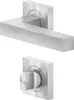A product shot of a door handle and a knob, both with a brushed metal finish and square base plates. Produktbild-Vorschau
