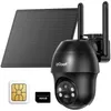 A black outdoor solar security camera with a solar panel, a SIM card, and a 32GB memory card are displayed against a white background. Náhled obrázku produktu