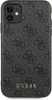 A close-up, top-down view of a grey Guess branded iPhone case with a repeating pattern. Voir les images du produit