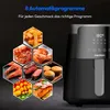A black air fryer is shown next to a collage of food items, with text highlighting automatic programs. Produktbild-Vorschau