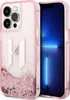 A pink Karl Lagerfeld iPhone 14 Pro Max case with glitter is shown next to an iPhone. Náhled obrázku produktu