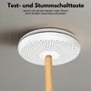 A smoke and CO detector is mounted on a ceiling, with a wooden pole extending from its center, suggesting it can be tested or silenced from the floor. Produktbild-Vorschau