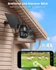 A solar-powered security camera mounted on a house, with a smartphone displaying a live feed of sheep in a field. Náhled obrázku produktu