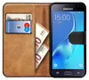 A Samsung J3 2016 phone in a brown book-style case with cards and euro banknotes inside. Podgląd zdjęcia produktu