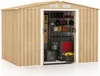 An open metal shed with storage shelves and various tools and items inside. Podgląd zdjęcia produktu