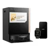 A product shot featuring a robotic vacuum cleaner base station, a smartwatch, and a smartphone, all in black with metallic accents. Produktbild-Vorschau