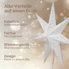 A white star-shaped lantern with decorative holes, set against a soft, bokeh-filled background. Text highlights product features. Produktbild-Vorschau