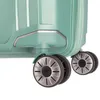 Close-up of the wheels and bottom corner of a green suitcase. Anteprima dell’immagine prodotto