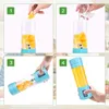 Collage of four images showing the steps to make a smoothie using a portable blender. Produktbild-Vorschau