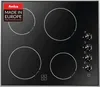 A black glass ceramic hob with four cooking zones and control knobs on the right side. A red and white 'Amica MADE IN EUROPE' badge is in the top left corner. Produktbild-Vorschau