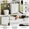 A collage of images showing a white bathroom vanity with a ceramic sink, a toilet, and close-ups of the sink and faucet. Podgląd zdjęcia produktu
