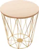 A round coffee table with a wooden top and a gold wire base. Produktbild-Vorschau