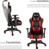 A split image showing a gaming chair from the side and front, with descriptive text and a logo. Produktbild-Vorschau