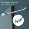 A close-up view of a shower door hinge mechanism, with text and diagrams illustrating its adjustability. Produktbild-Vorschau