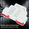 A white multifunctional delay relay with red clips is shown on a dark, abstract background with light streaks. Voir les images du produit